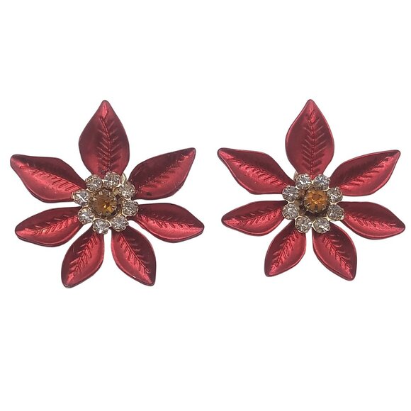 Poinsettia Earrings Red Enamel Rhinestones Gold Tone Pierced Ear Backing Earring - Picture 2 of 7
